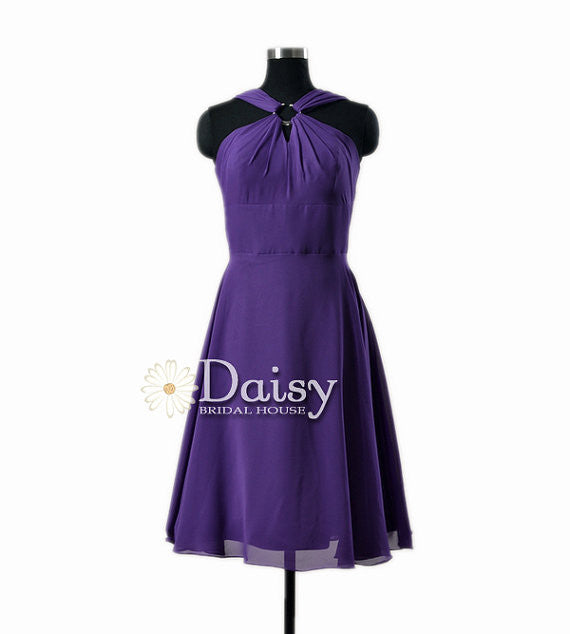 Chic knee length purple bridal party dress online chiffon prom dress w/straps(bm856a)