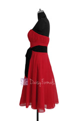Classic a-line short red formal bridesmaid dress cocktail prom dresses with black sash(bm856)