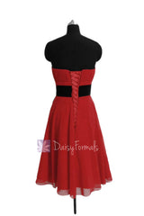 Classic A-line Short Red Formal Bridesmaid Dress Cocktail Prom Dress with Black Sash(BM856)