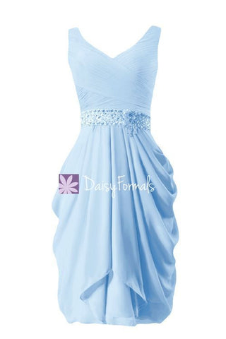 Ice Blue Chiffon Party Dress V Neckline Beading Prom Dress Bridesmaids Dress (BM873)