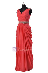 Beaded cherry chiffon dress beach wedding dress long v-neck bridesmaid dresses(bm876l)
