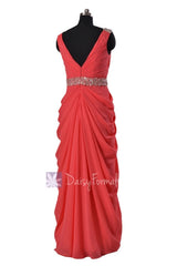 Beaded Cherry Chiffon Dress Beach Wedding Dress Long V-Neck Bridesmaid Dress(BM876L)