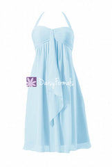 Ice blue halter elegant bridesmaid dress pretty light blue empire chiffon party dress (bm892s)