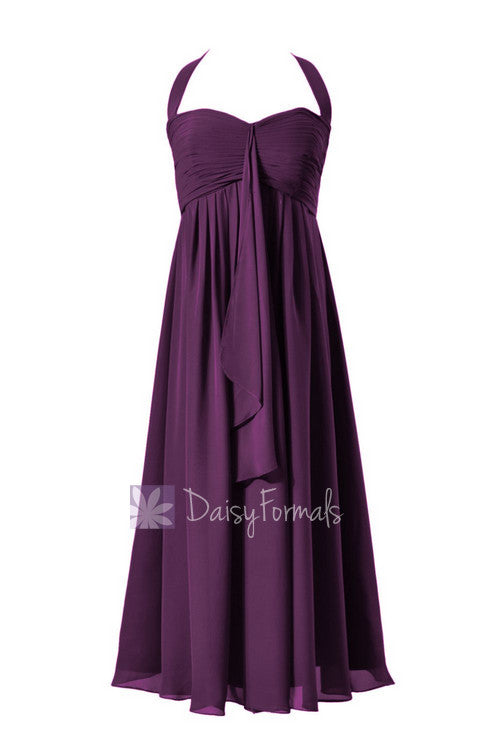 Byzantium chiffon party dress tea length halter bridesmaid dress empire formal party gown(bm892t)