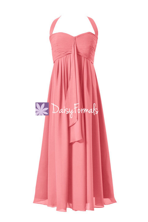 Flowing empire chiffon formal evening gown tea length party dress light coral wears (bm892t)