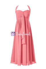 Flowing empire chiffon formal evening gown tea length party dress light coral wears (bm892t)