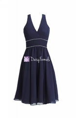 Gorgeous navy blue halter bridesmaid dress v neckline navy blue wedding party dress prom dresses (bm906)