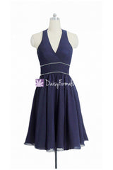 Gorgeous navy blue halter bridesmaid dress v neckline navy blue wedding party dress prom dress (bm906)