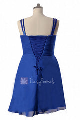 Plus Size Sapphire Chiffon Party Dress Beaded Blue Cocktail Dress Prom Dress W/Straps(BM909)