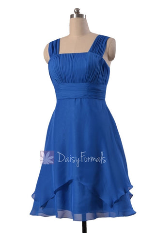 Royal Blue Chiffon Bridesmaid Dress Cobalt Blue Knee Length Formal Dress W/Straps(BM912)