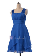 Royal blue chiffon discount bridesmaid dress cobalt blue knee length formal dress w/straps(bm912)