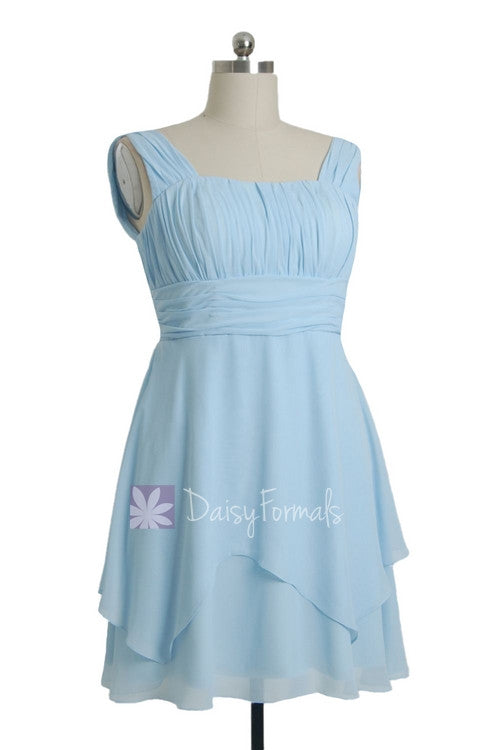 Plus size sky blue chiffon party dress knee length bridesmaid dress w/straps(bm912)