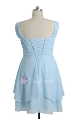 Plus Size SKy Blue Chiffon Party Dress Knee Length Bridesmaid Dress W/Straps(BM912)