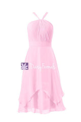 Light pink party dress pink chiffon knee length elegant dress sweet party dress (bm916)