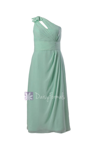 Long Plus Size One-Shoulder Bridal Party Dress Mint Chiffon Formal Dress w/ Keyhole Bodice(BM918)