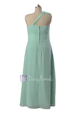 Long Plus Size One-Shoulder Bridal Party Dress Mint Chiffon Formal Dress w/ Keyhole Bodice(BM918)