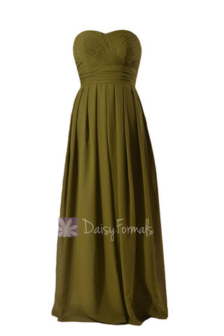 Long Strapless Dark Olive Chiffon Bridesmaid Dress Clover Sweetheart Bridal Party Dress(BM975)