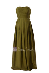 Long strapless dark olive elegant chiffon bridesmaid dress clover sweetheart bridal party dress(bm975)