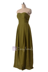 Long strapless dark olive elegant chiffon bridesmaid dress clover sweetheart bridal party dresses(bm975)