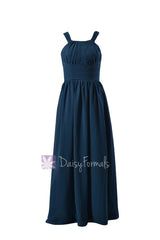 Gracious full length affordable bridesmaid dress peacock blue chiffon dresses w/straps(bm9823)
