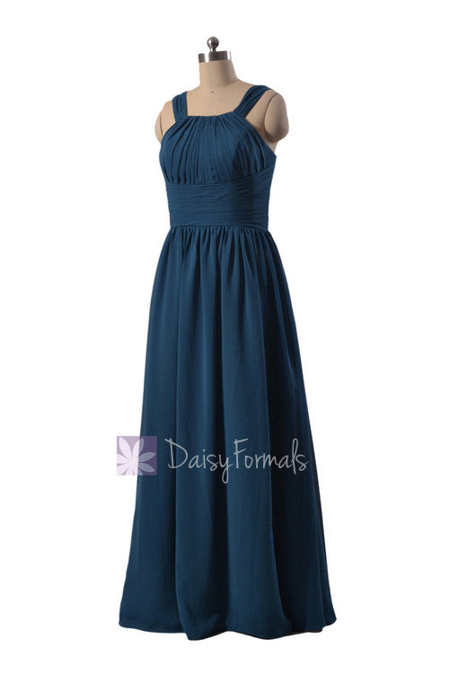 Gracious full length affordable bridesmaid dress peacock blue chiffon dress w/straps(bm9823)
