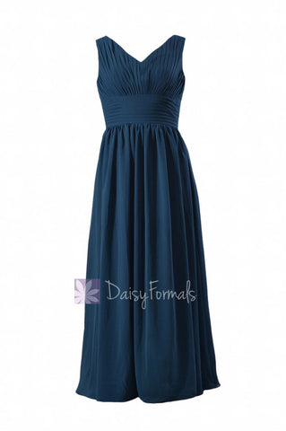 Long Deep V-Neck Chiffon Bridal Party Dress Pleated Peacock Blue Formal Dress(BM9825)