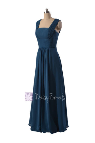 Peacock Blue Chiffon Bridesmaid Dress Floor Length Formal Dress W/Square Neck(BM9826)