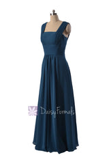 Peacock blue chiffon online bridesmaid dress floor length formal dress w/square neck(bm9826)