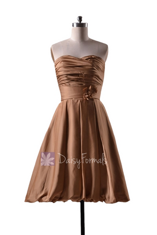 In stock,Ready to Ship - Short Pleated Sweetheart Gold Color Bridesmaid Dress(BMAV9081) - (Vegas Gold)