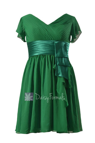 Vintage Green Chiffon Bridesmaid Dress Short Formal Dress W/Flutter Sleeves(BMDK123)