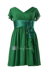 Vintage green chiffon bridesmaid dress short formal dress w/flutter sleeves(bmdk123)