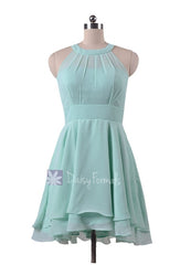 Short high low mint green chiffon bridesmaid dress mint chiffon party formal dress (cst2225)
