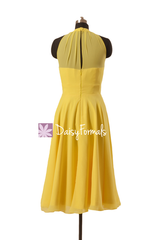 Halterneck Bridesmaid Dress Tea Length Maize Yellow Chiffon Party Dress Formal Dress(CST1004A)