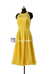 Halterneck bridesmaid dress tea length maize yellow chiffon party dress formal dresses(cst1004a)