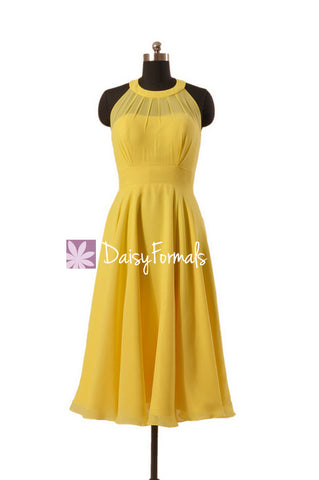 Halterneck Bridesmaid Dress Tea Length Maize Yellow Chiffon Party Dress Formal Dress(CST1004A)