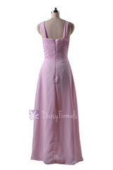 In stock,Ready to Ship - Floor Length Pink Chiffon Bridesmaid Dress W/ Straps (BM732L) - (#20 Ice Pink)