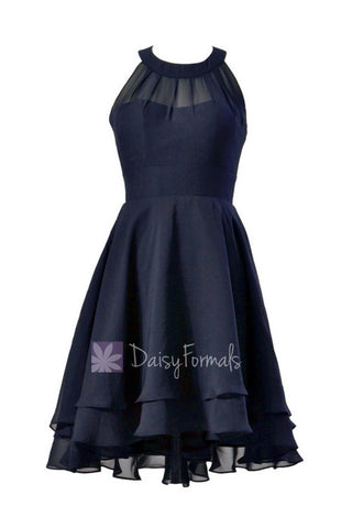 Navy Blue Chiffon Formal Dress Short High Low Bridesmaid Dress W/Illusion Neckline(CST2225)