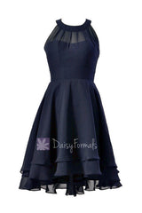 Navy blue chiffon formal dress short high low cheap bridesmaid dress w/illusion neckline(cst2225)