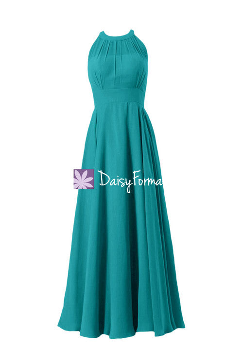 Long chiffon affordable bridesmaid dress cyan formal dress w/illusion neckline(cst2225l)