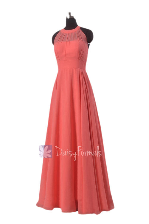 Floor length chiffon bridesmaid dress coral formal dress w/illusion neckline(cst2225l)