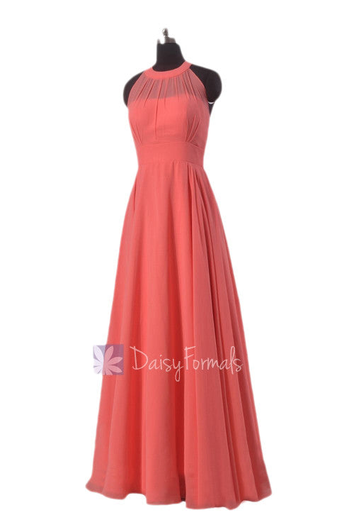 Floor Length Chiffon Bridesmaid Dress Coral Formal Dress W/Illusion Ne DaisyFormals-Bridesmaid and Formal Dresses in 59+ Colors Floor Length Chiffon Bridesmaid Dress Coral Formal Dress W/Illusion Ne DaisyFormals-Bridesmaid and Formal Dresses in 59+ Colors