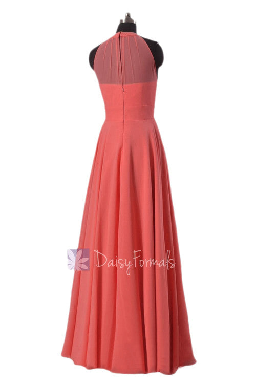 Floor Length Chiffon Bridesmaid Dress Coral Formal Dress W/Illusion Ne DaisyFormals-Bridesmaid and Formal Dresses in 59+ Colors Floor Length Chiffon Bridesmaid Dress Coral Formal Dress W/Illusion Ne DaisyFormals-Bridesmaid and Formal Dresses in 59+ Colors