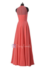 Floor Length Chiffon Bridesmaid Dress Coral Formal Dress W/Illusion Neckline(CST2225L)