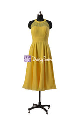 Maize yellow tea length party dress sexy halter bridesmaid dress sexy elegant bridesmaid dresses (cst2225a)