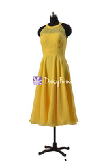 Maize yellow tea length party dress sexy halter bridesmaid dress sexy elegant bridesmaid dress (cst2225a)