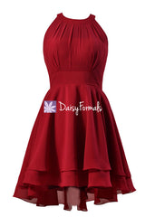 Burgundy chiffon party dress sexy modern evening party dress cocktail dress (cst2225)