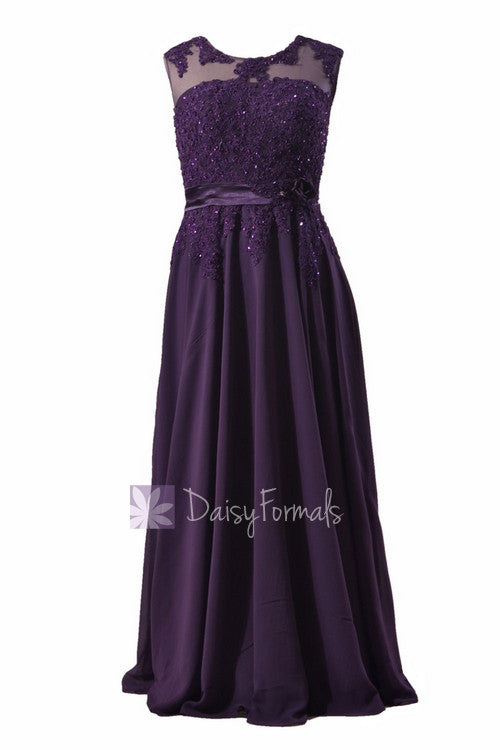 Gorgeous long beaded purple chiffon bridesmaid dress w/illusion neckline (bmdk122)
