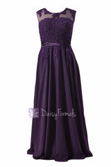 Gorgeous long beaded purple chiffon bridesmaid dress w/illusion neckline (bmdk122)