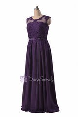 Gorgeous long beaded purple chiffon bridesmaid dresses w/illusion neckline (bmdk122)