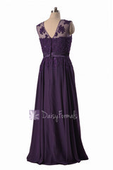 Gorgeous Long Beaded Purple Chiffon Bridesmaid Dress W/Illusion Neckline (BMDK122)